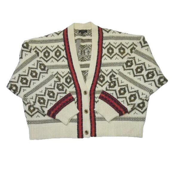 NWT J.Crew Diamond Fair Isle Lambswool Blend Boxy Cardigan Sweater XS - Picture 1 of 7